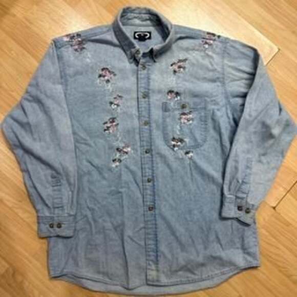 Other Tops - Three Rivers Hand Painted Floral Denim Button-Up Shirt